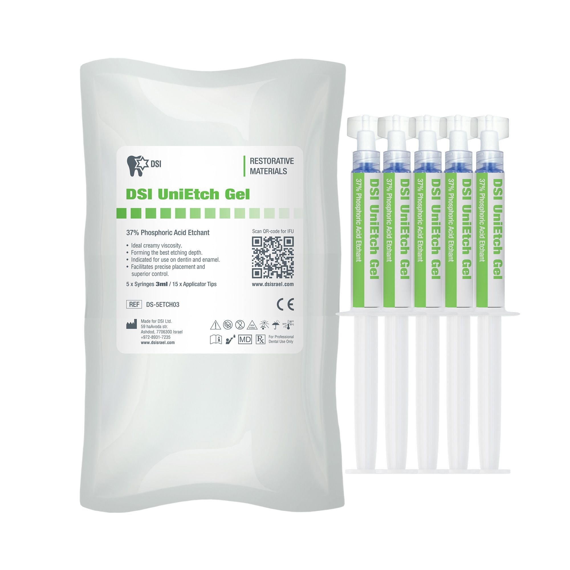 DSI UniEtch High Viscosity Etching Gel 37% Phosphoric Acid In Syringe 3ml x 5pcs